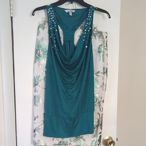 Teal Sleeveless Top with Embellished Straps And Matching Floral Skirt